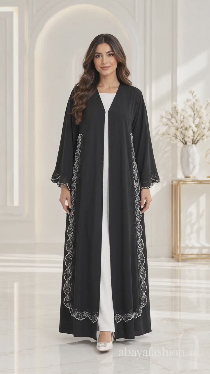 Elegant Scallop Lace Stonework Open Abaya - AF1027