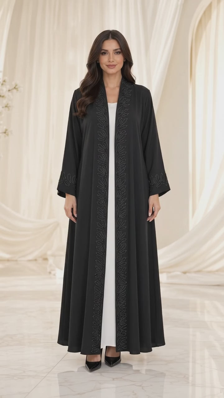 Tonal Leaf Trim Open Abaya - AF1071 - Video